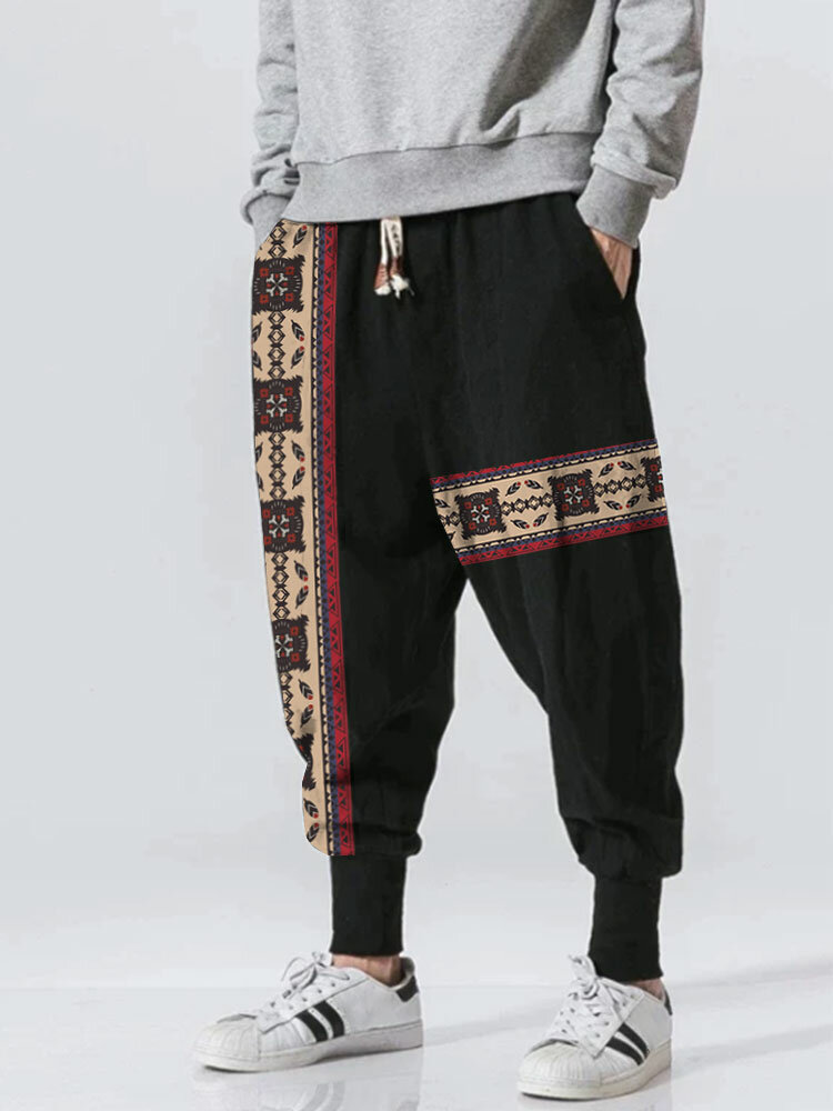 Pantalon ample à taille avec cordon de serrage pour hommes, imprimé géométrique ethnique, patchwork