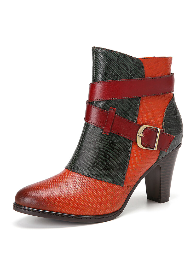 SOCOFY Buckle Strap Decor Colorblock Splicing Genuine Leather Side Zipper Chunky Heel Short Boots