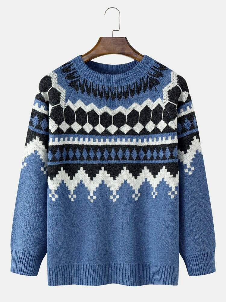 Mens Vintage Geometric Pattern Knit Casual Raglan Sleeve Sweaters