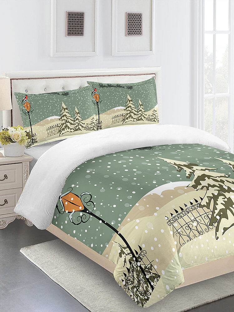 

3PCs Polyester Fiber Festival Christmas Snow Scenery Pattern Bedding Sets Quilt Cover Pillowcase