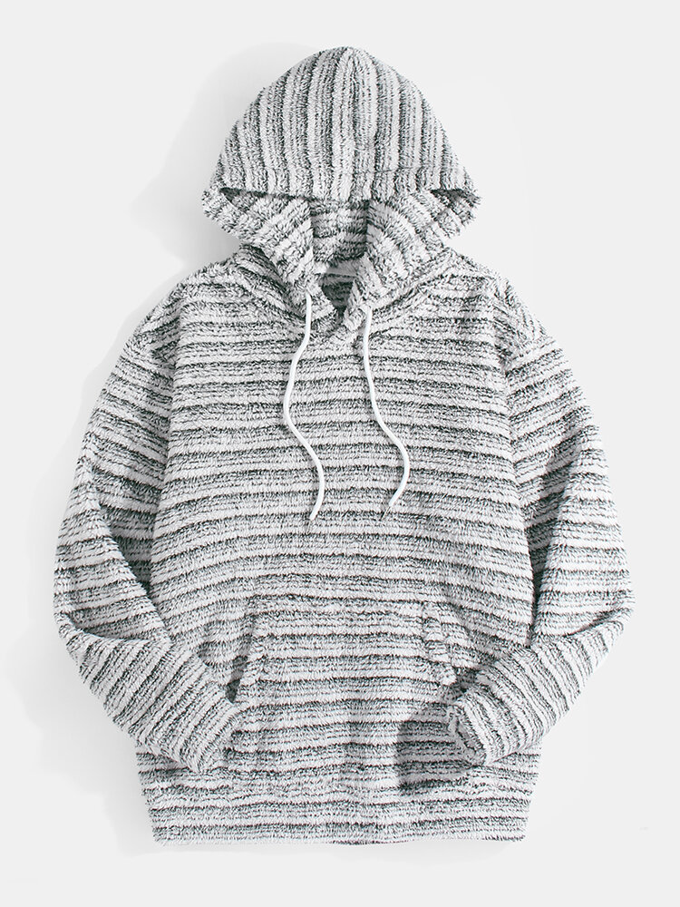Mens Striped Fleece Thick Casual Fuzzy Drawstring Pullover Hoodie