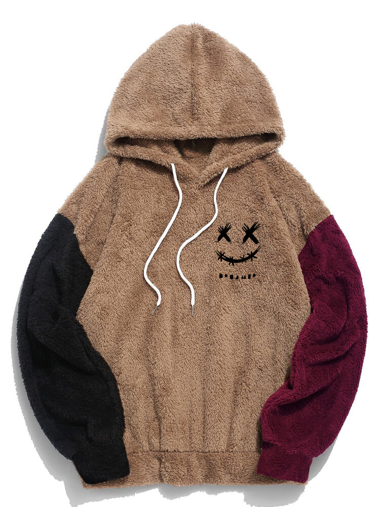 Mens Smile Face Embroidered Patchwork Plush Drawstring Hoodies Winter