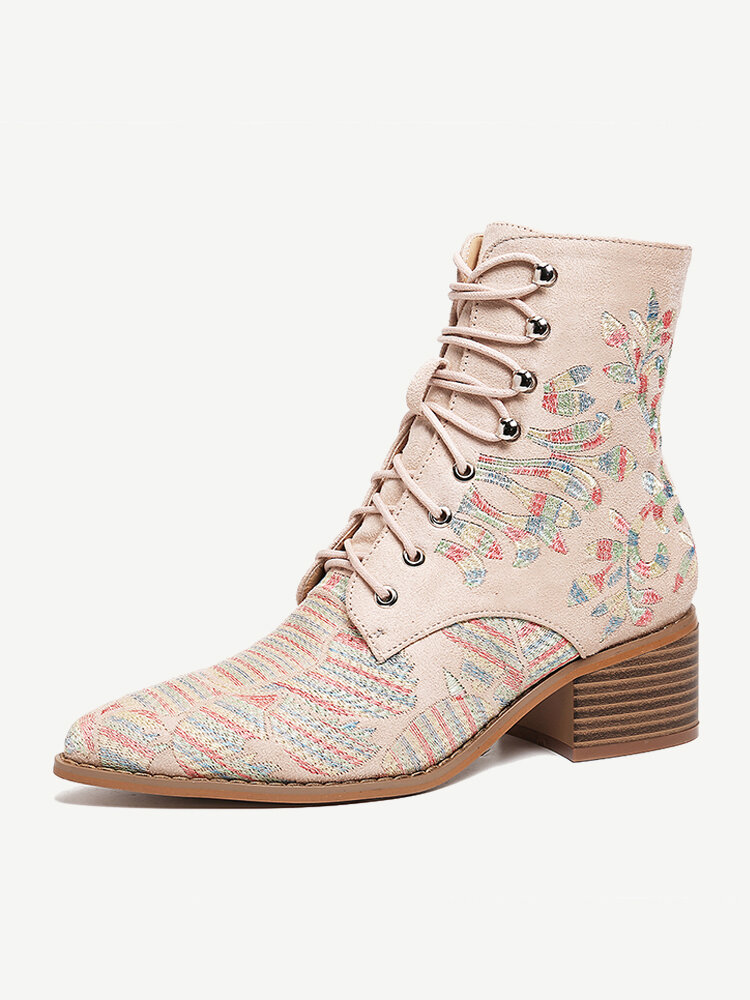 Plus Size Women Elegant Flowers Embroideried Cloth Strappy Chunky Heel Boots