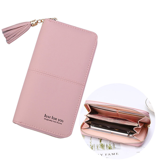 Women Faux Leather Long Phone Purse 8 Card Slot Wallet Tassel Multi-function Coin Bag