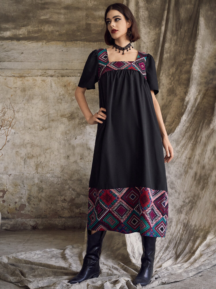 Tribal Geo Contrast Square Collar Short Sleeve Vintage Dress