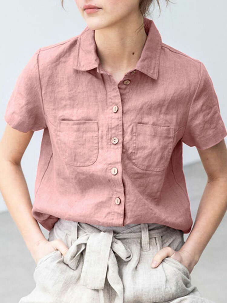 Solid Button Pocket Lapel Short Sleeve Casual Cotton Shirt