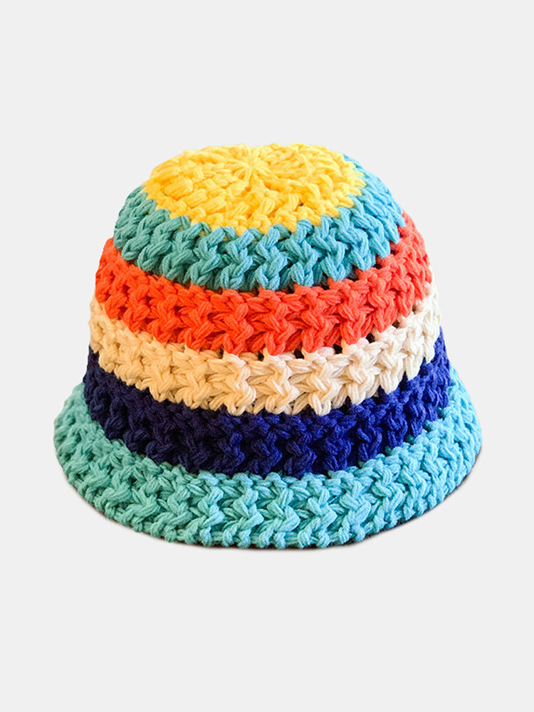 

Unisex Handmade Thick Thread Knitted Color Contrast Wide Stripes All-match Warmth Bucket Hat