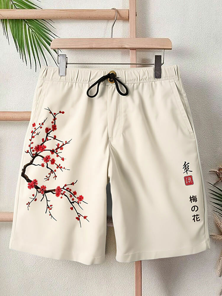 Newchic Mens Japanese Plum Bossom Print Drawstring Waist Shorts