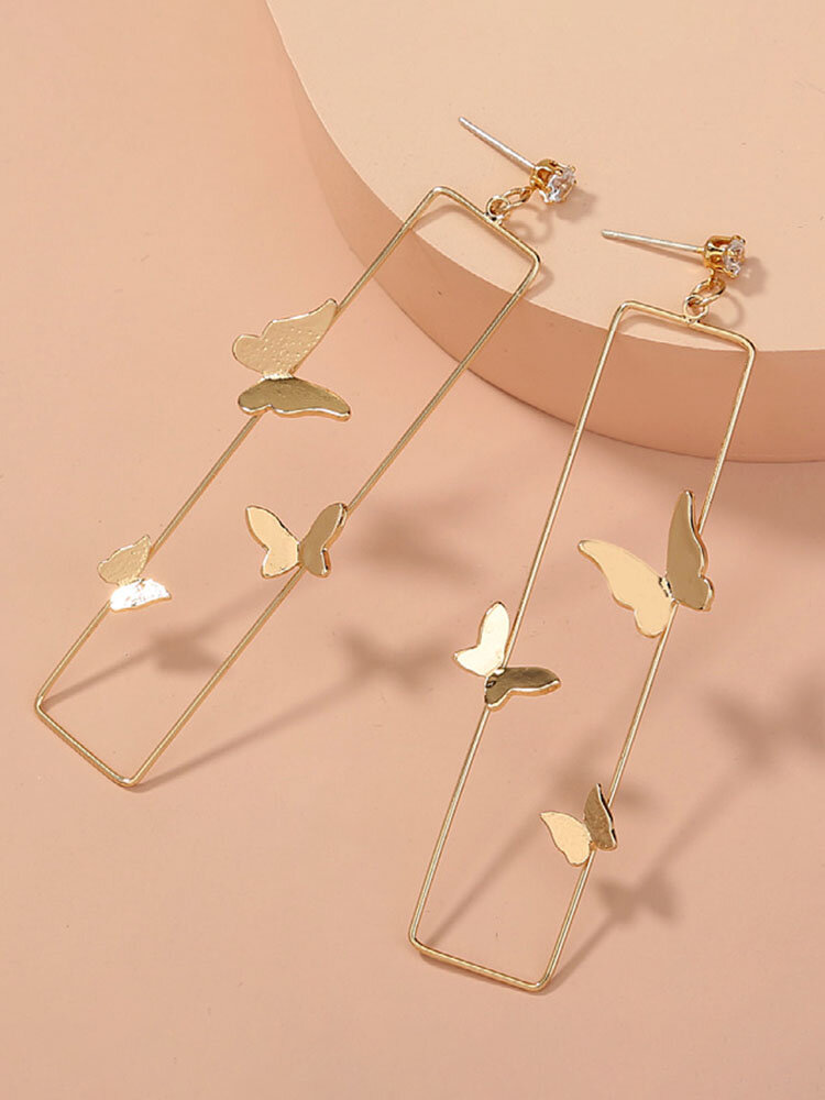 Trendy Simple 3D Butterflies Decorative Rectangle-shaped Alloy Copper Zircon S925 Needle Hoop Studs Earrings