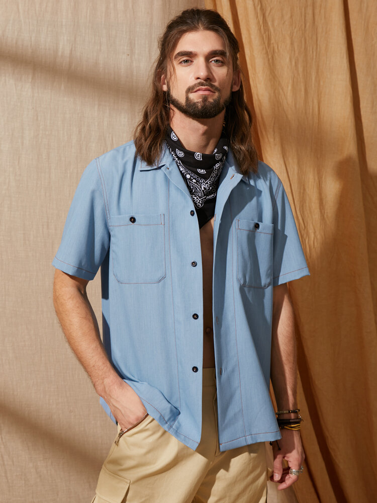 Men Stitching Double Pockets Buttons Details Short Sleeve Shirts