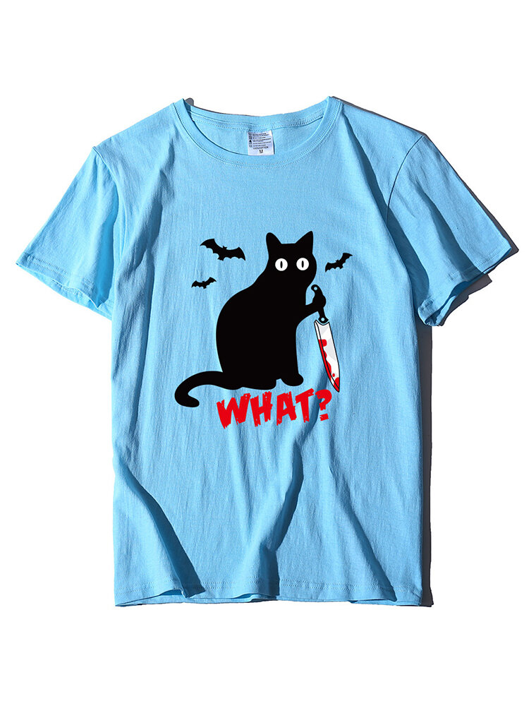 Cat Letter Print Short Sleeve Casual T-shirt For Women
