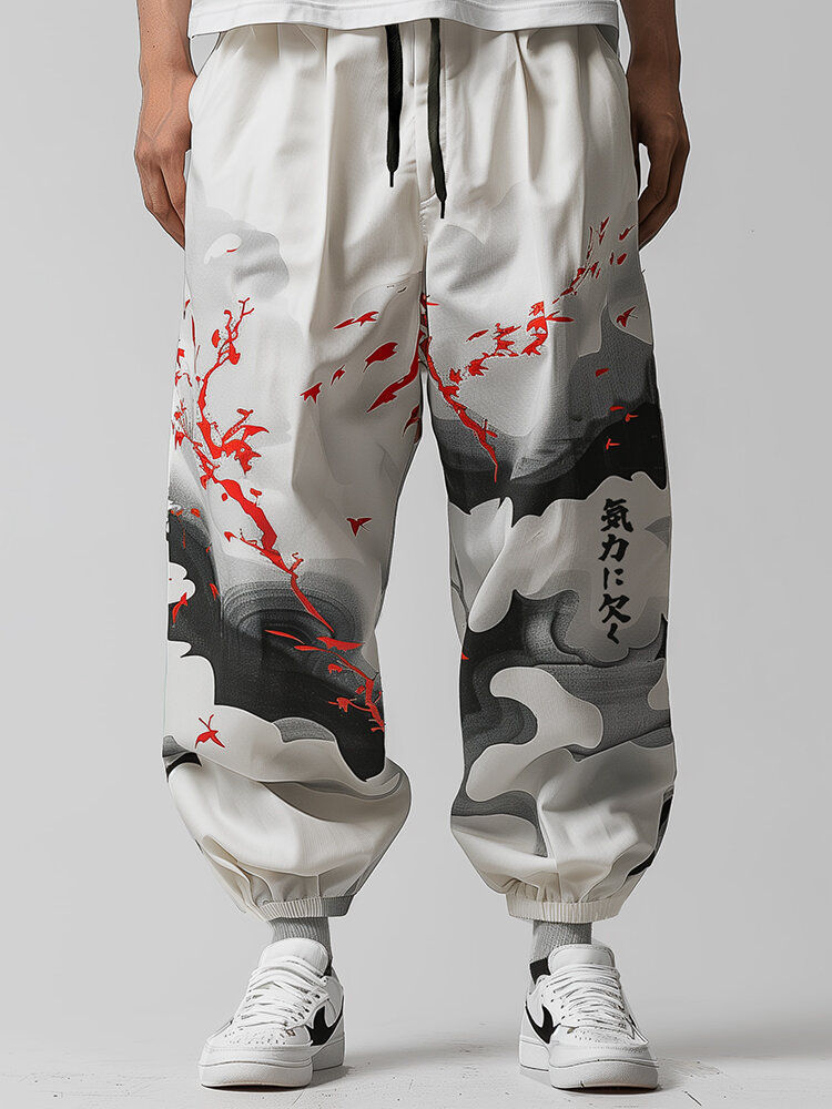 Mens Japanese Style Print Drawstring Waist Pants With Pocket