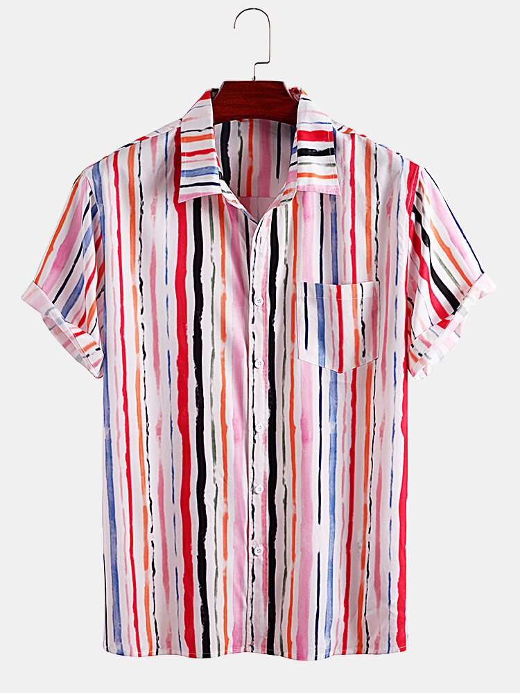 Mens Colorful Striped Print Casual Loose Light Short Sleeve Shirts
