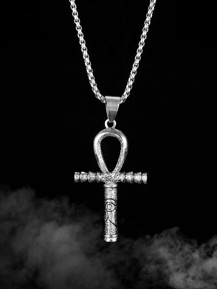 Vintage Carved Cross-shape Pendant Stainless Steel Necklace