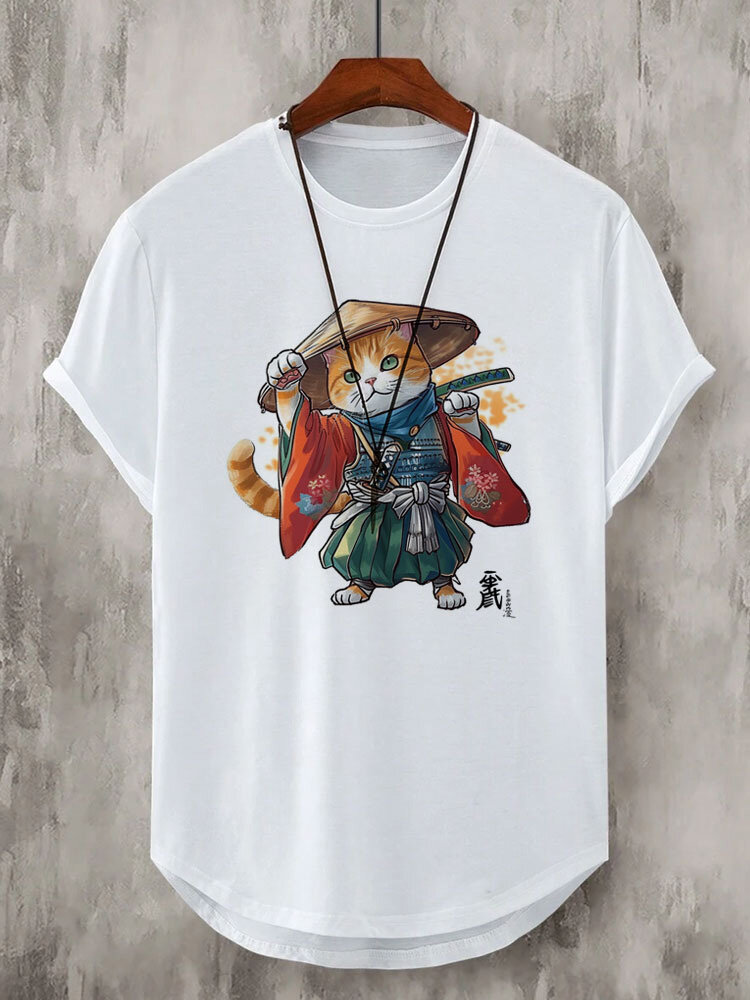 

Mens Japanese Warrior Cat Figure Print Curved Hem Short Sleeve T-Shirts Winter, White