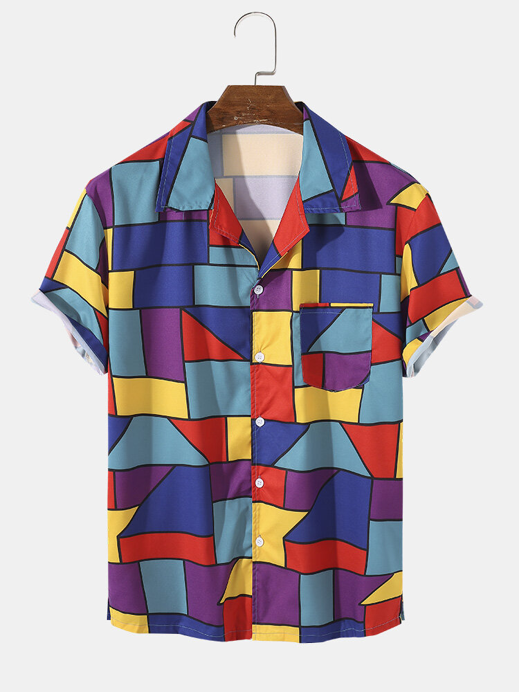 

Mens Retro Colorful Geo Print Revere Collar Short Sleeve Shirts, Multi color