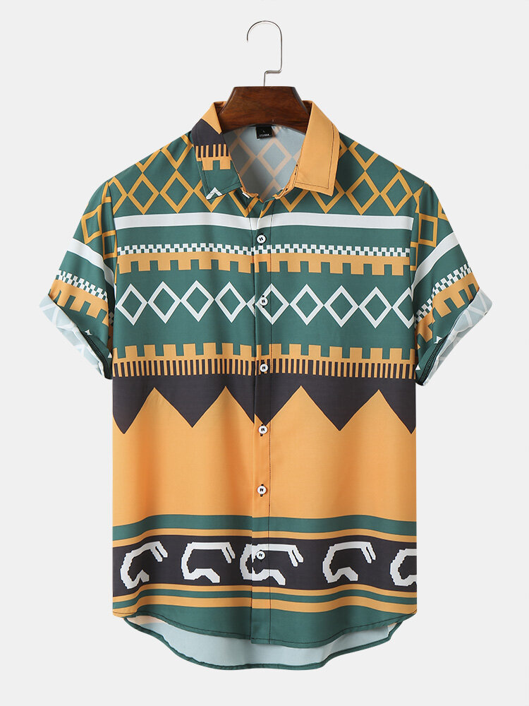 Mens Geometric Print Lapel Ethnic Style Short Sleeve Shirts