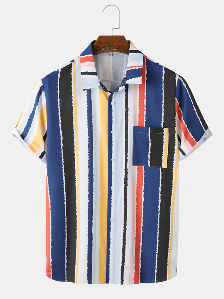Mens Colorful Stripe Print Holiday Short Sleeve Shirts With Pocket