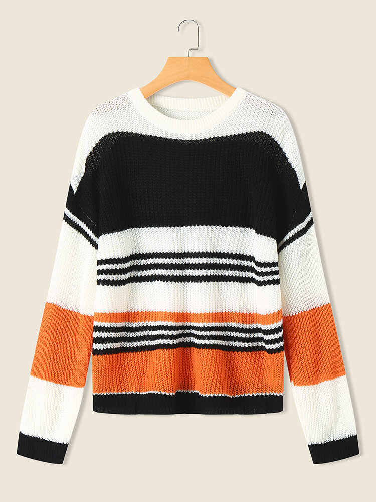 Stripe Long Sleeve Loose Crew Neck Knit Sweater