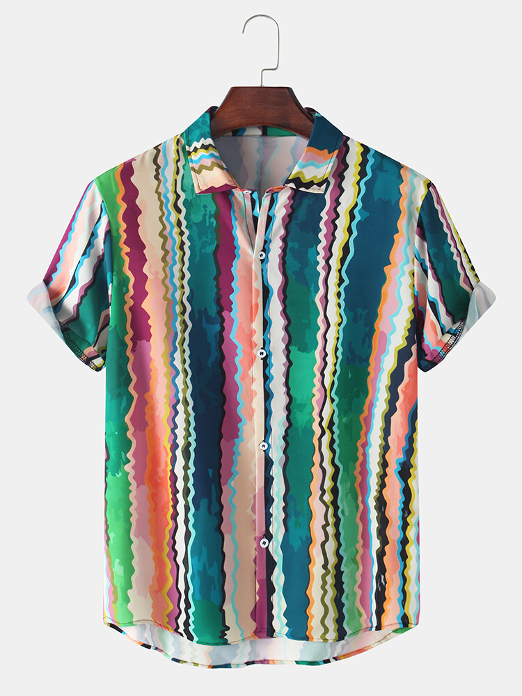 Mens Colorful Stripes Print Tie Dye Breathable Loose Short Sleeve Shirts