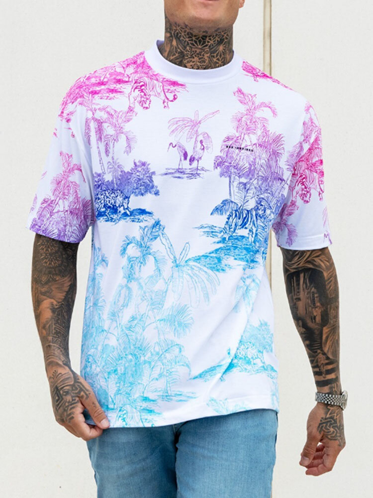 

Mens Ombre Tropical Plant Print Crew Neck Vacation Short Sleeve T-Shirts Winter, White