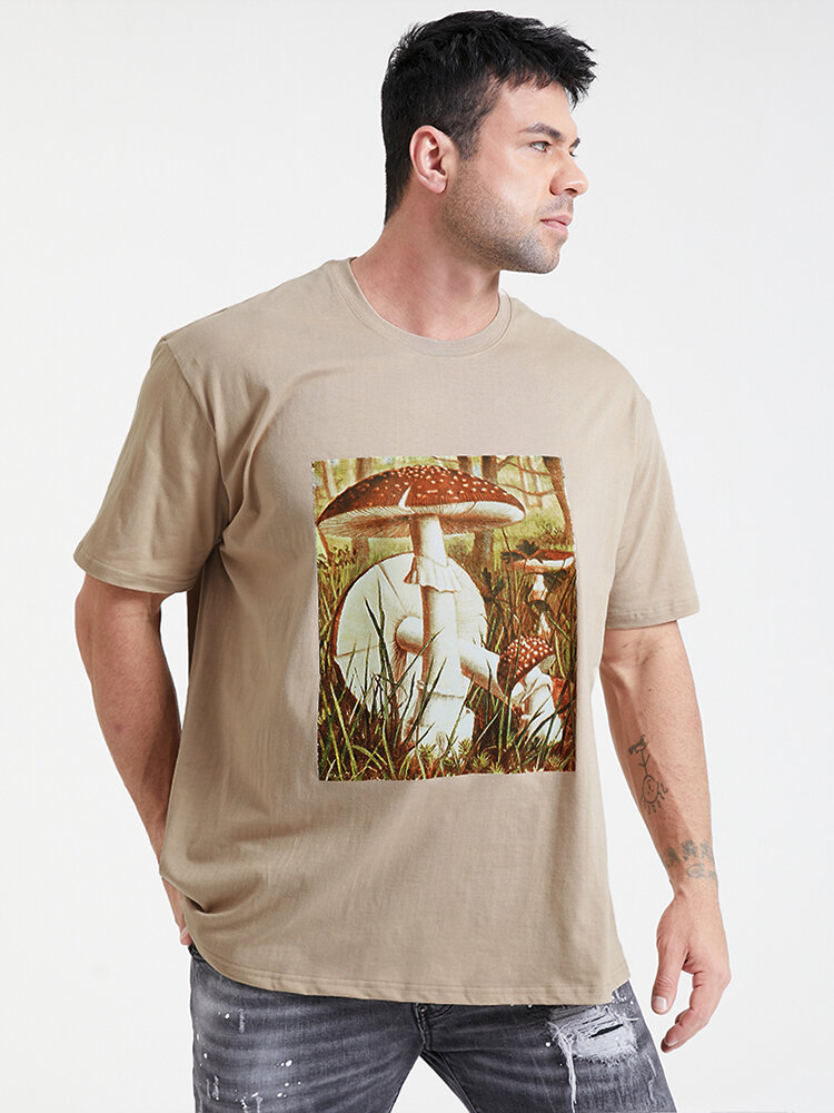 Plus Size Mens Vintage Mushroom Graphic Print Cotton Fashion Short Sleeve T-Shirt