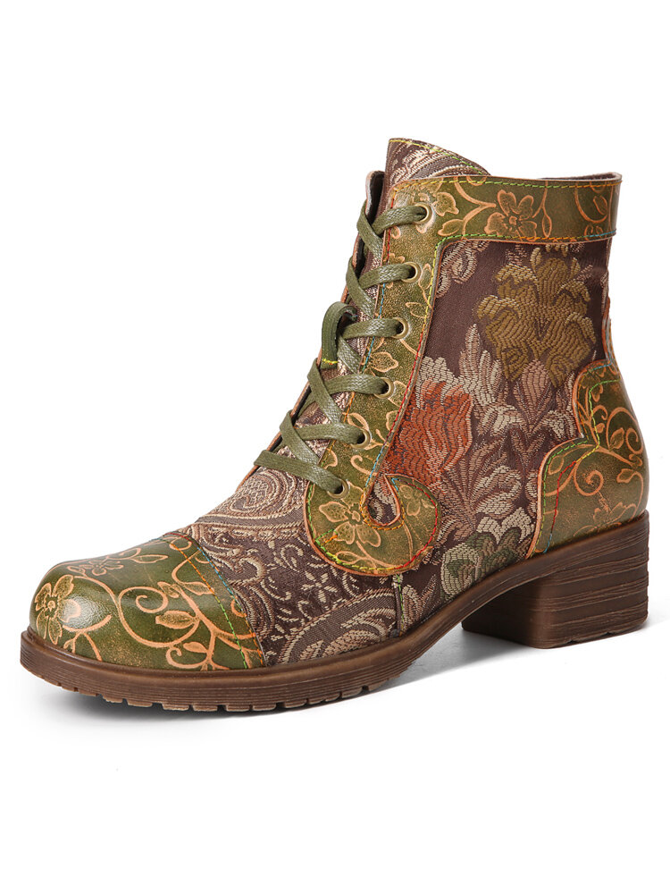 Socofy Retro Ethnic Floral Embroidered Genuine Leather Patchwork Side-zip Comfy Chunky Heel Short Boots