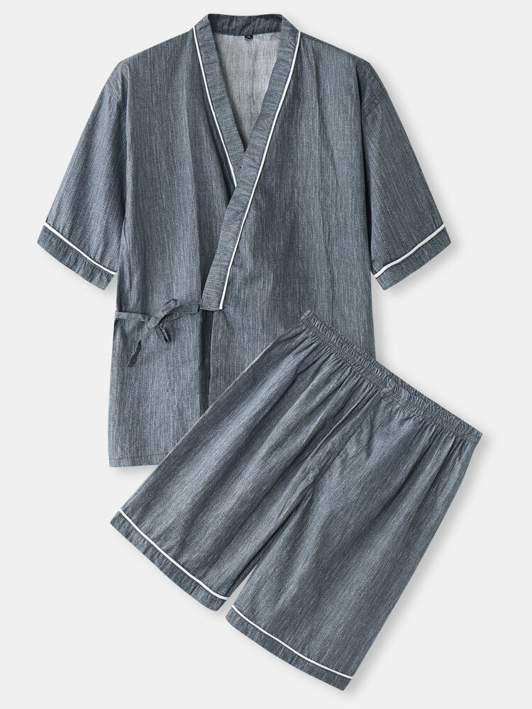 

Mens Tie Side Contrast Binding Kimono Cotton Home Loungewear Sets, Gray