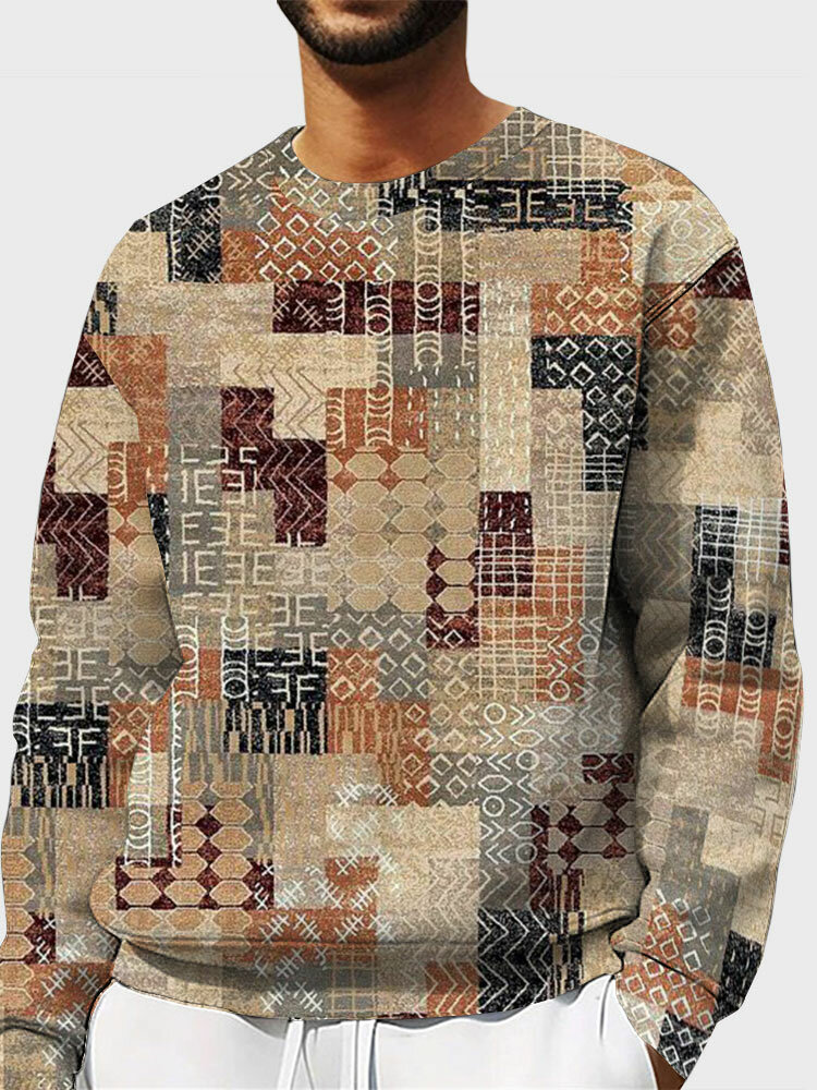 Mens Vintage Geometric Print Crew Neck Pullover Sweatshirts Winter