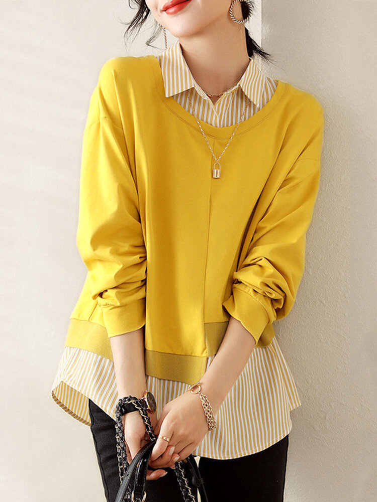 Striped Panel Long Sleeve Lapel Fake Two Pieces Blouse