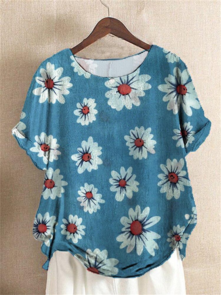 Floral Chrysanthemum Print Short Sleeve Casual T-shirt