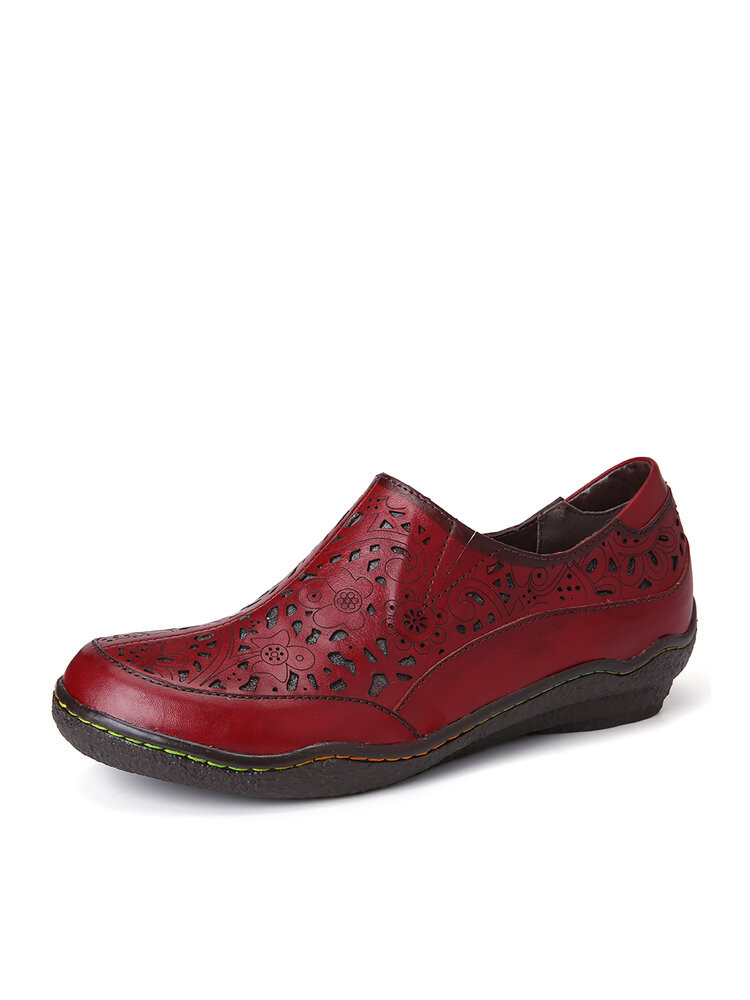SOCOFY Leather Floral Cutouts Zipper Slip on Loafers Non-slip Flat Shoes