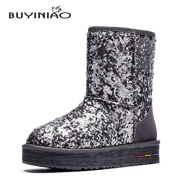 BUYINIAO Bling Cotton Flat Snow Boots
