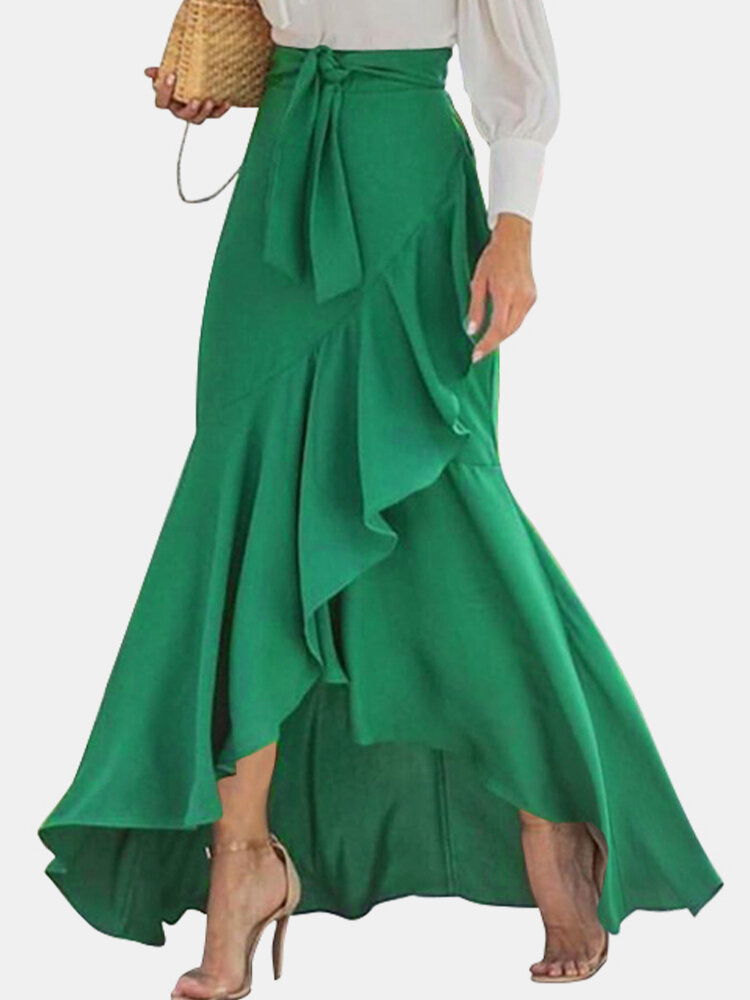 Solid Color Ruffle Waistband Asymmetrical Long Elegant Skirt for Women