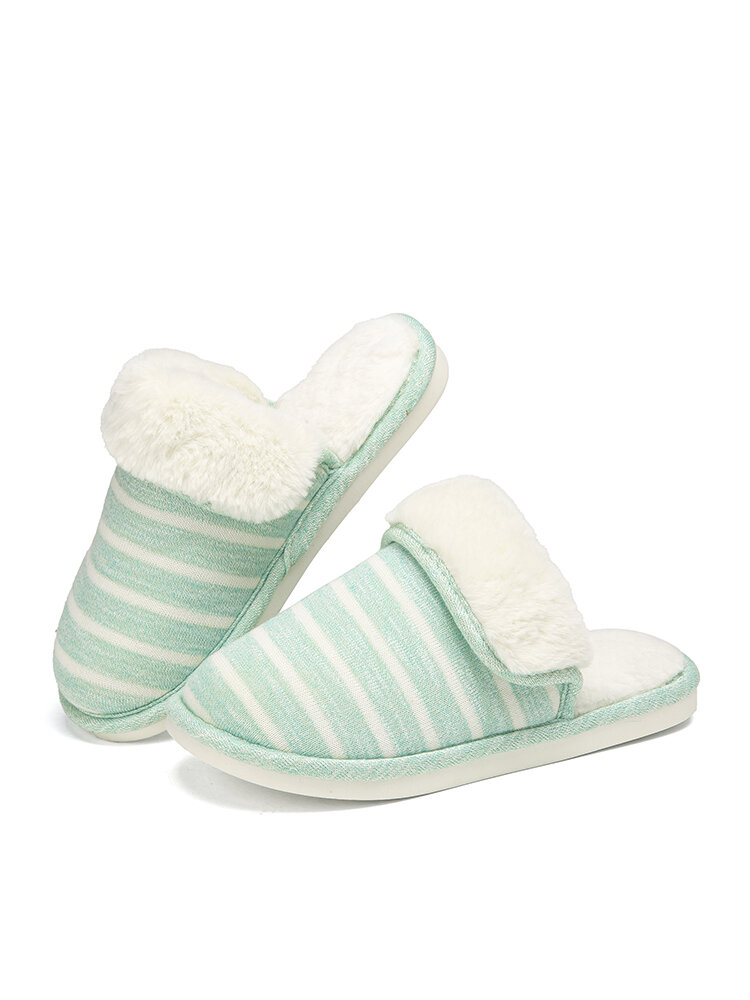 

Plus Size Women Casual Stripe Warm Plush Lining Winter Indoor Slippers, Green;gray;blue;silver;red