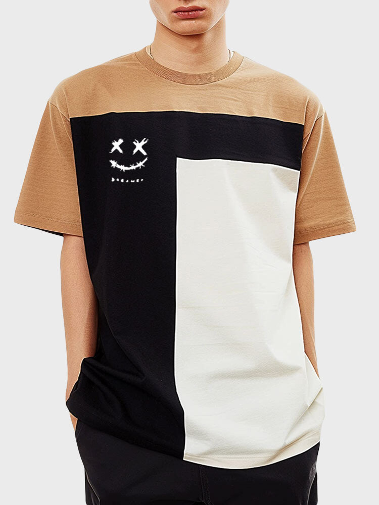 Kurzarm-T-Shirts mit Smile-Print und Farbblock-Patchwork für Herren
