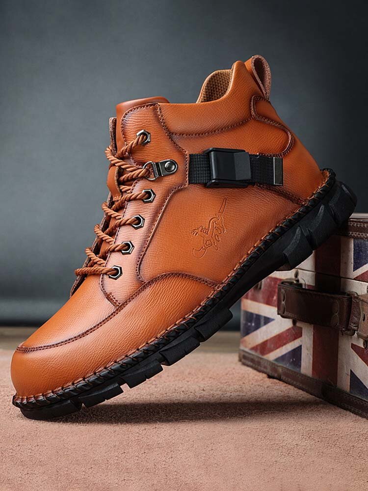 Men Cow Leather Non Slip Buckle Lace Up Casual Boots