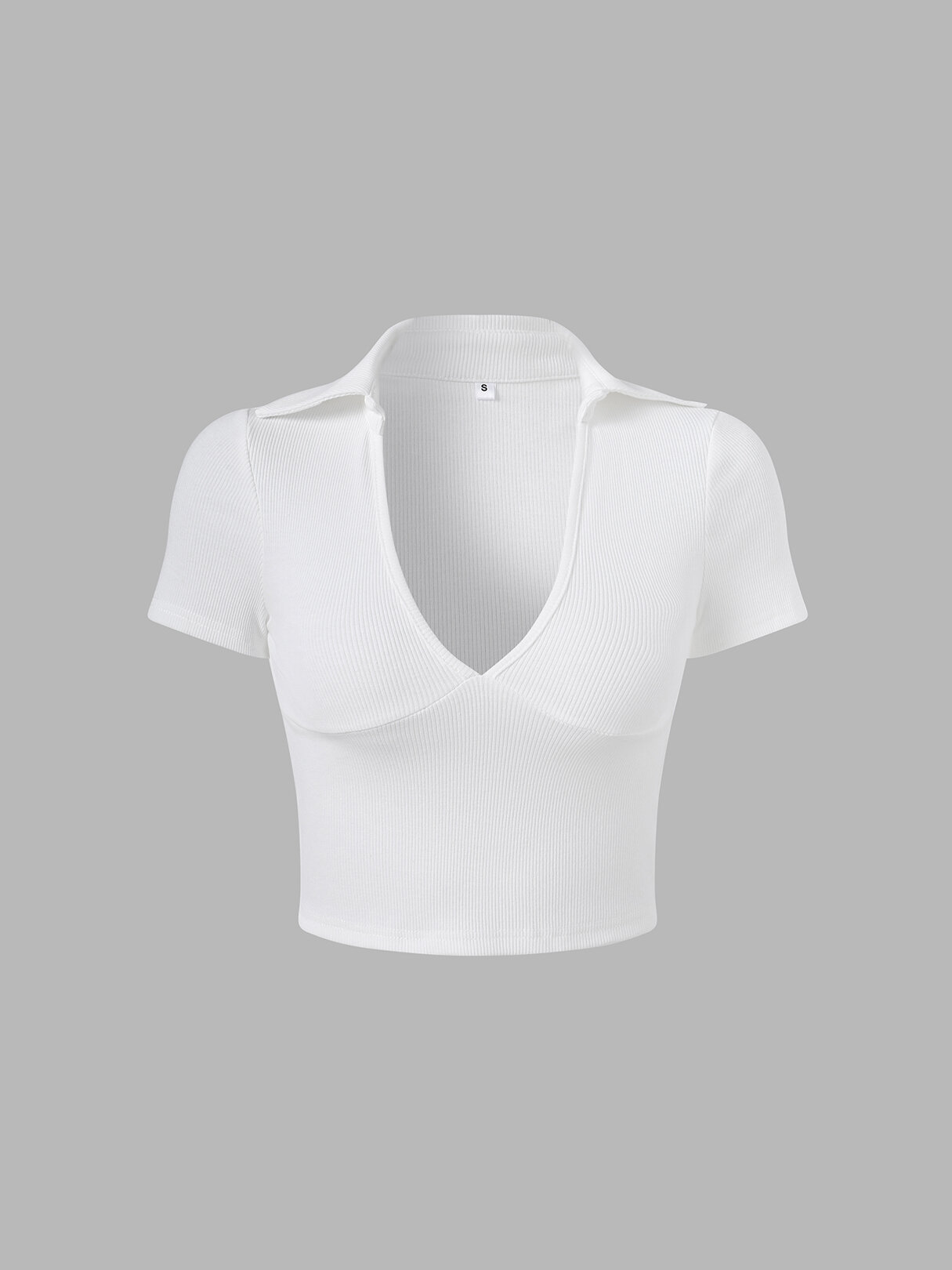 Solid Ribbed Knit Lapel Short Sleeve Crop Top