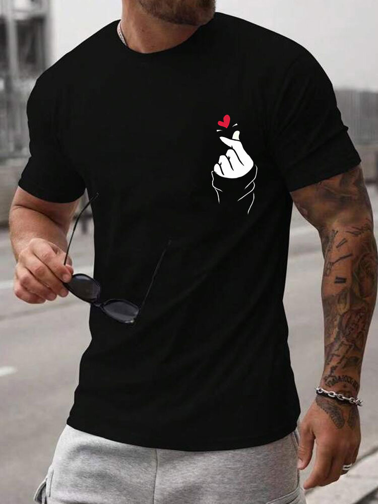 

Mens Heart Gesture Print Valentine' Day Casual Short Sleeve T-Shirts, Black
