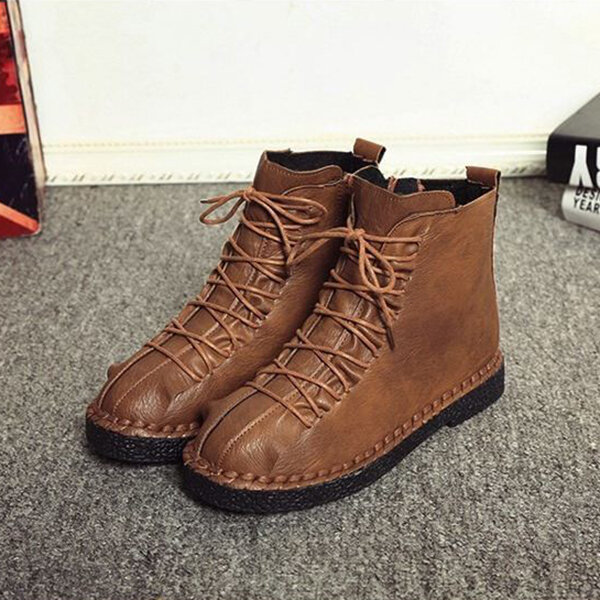 Stitching Vintage Zipper Ankle Flat Boots