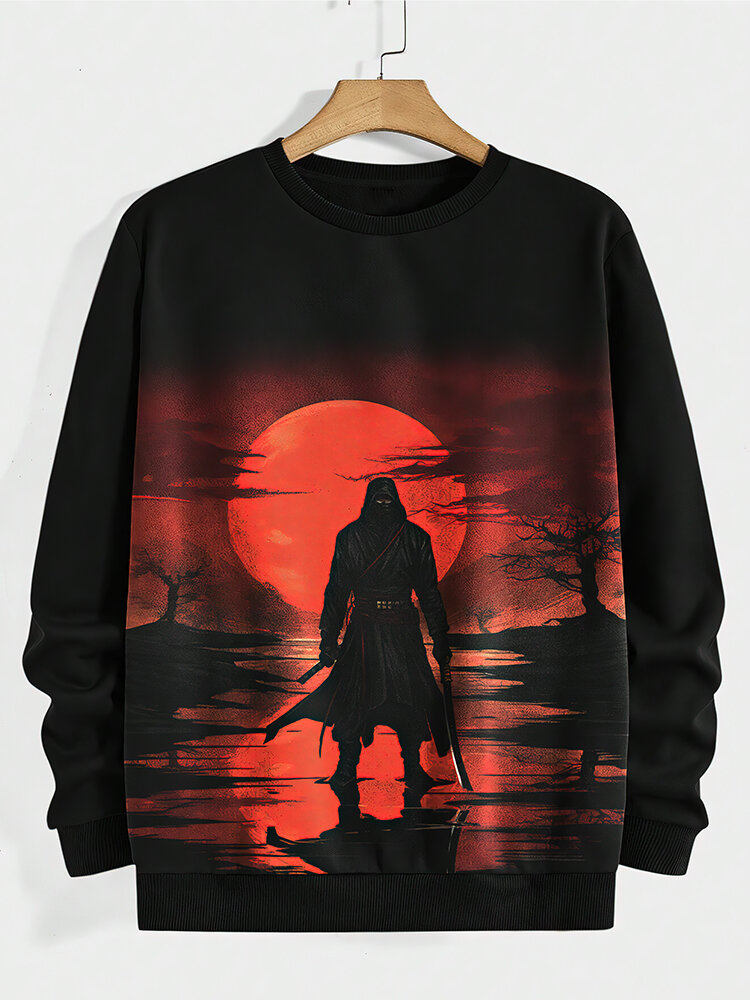

Mens Japanese Warrior Landscape Print Crew Neck Pullover Sweatshirts Winter, Black