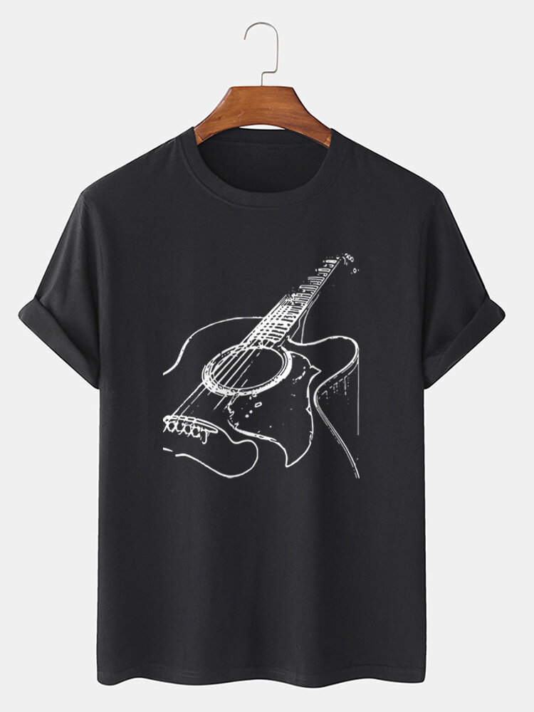 Mens Cotton Guitar Print Casual Short Sleeve T-Shirts