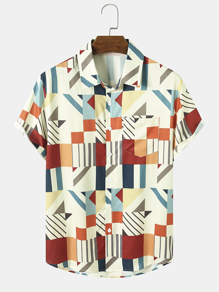 قمصان رجالي Colorful طباعة هندسية غير النظامية طية صدر السترة عارضة قمصان قصيرة الأكمام