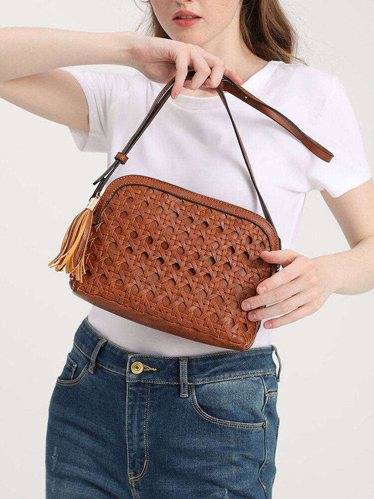 Women Artificial Leather Vintage Tessel Large Capacity Crossbody Bag Fashion Woven Bag