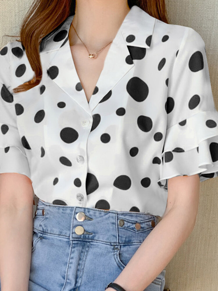 Dot Print Tiered Ruffle Sleeve Button Front Lapel Blouse