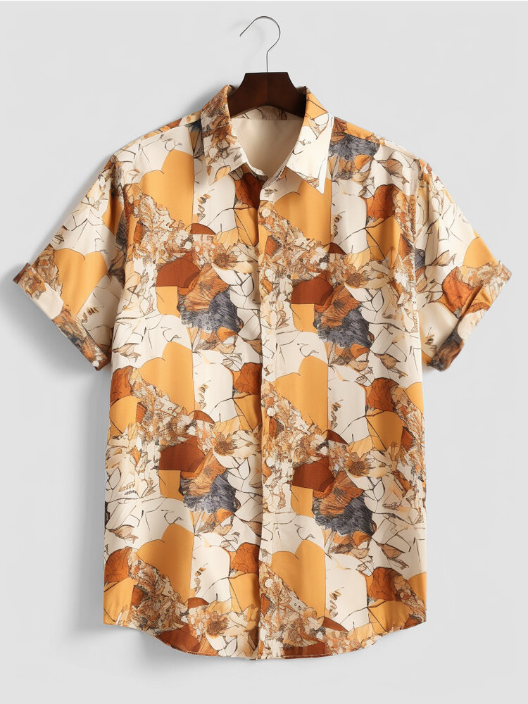 

Mens Floral Leaf Mix Print Hawaiian Vacation Short Sleeve Shirts, Yellow