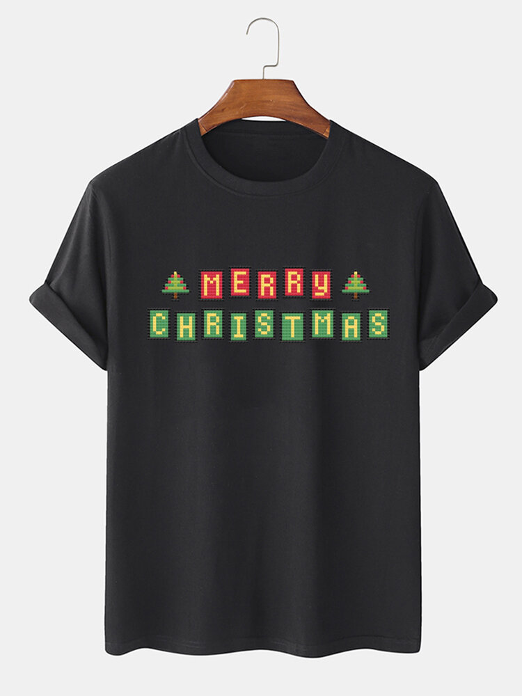 Mens Christmas Letter Graphics Crew Neck Short Sleeve T-Shirts Winter