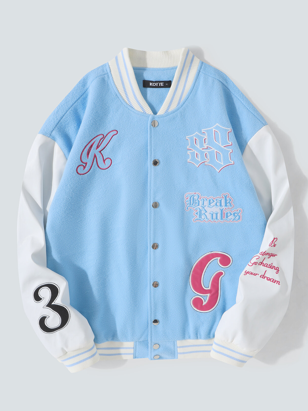 KOYYE Mens Letter Embroidered Patched Snap Button Varsity Baseball Jacket