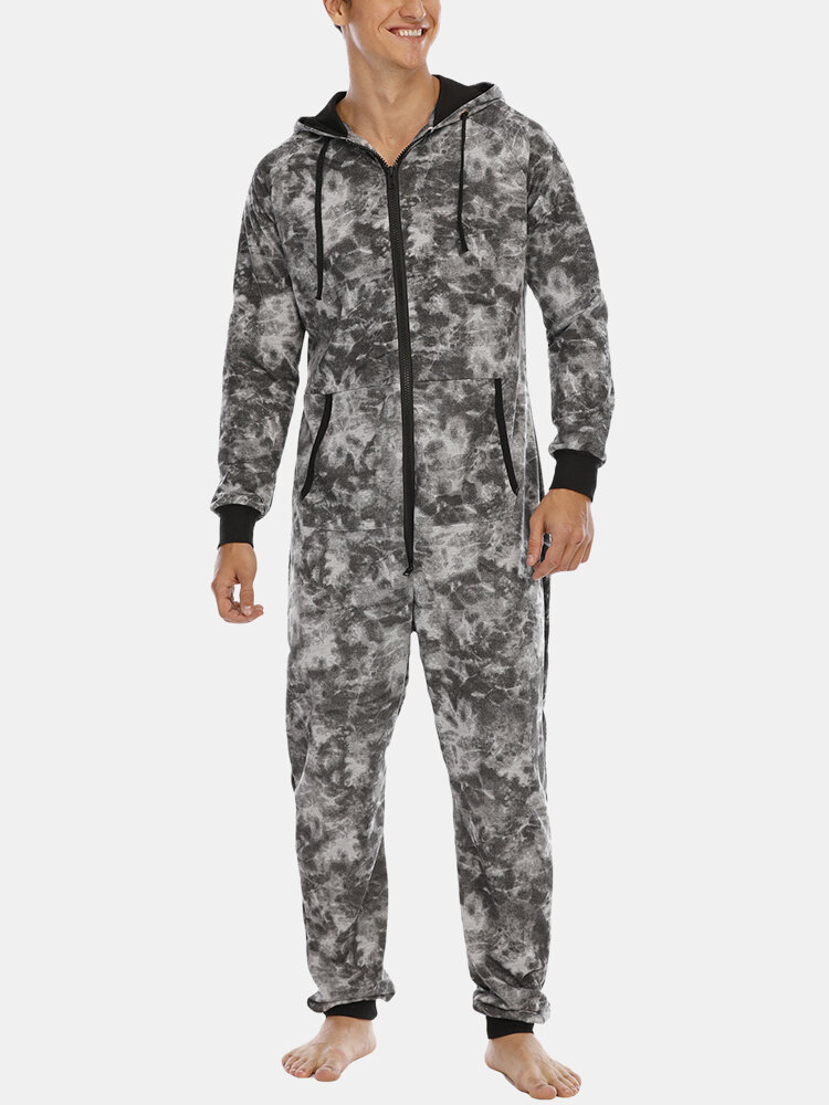 

Tie Dye Casual Home Sport Kangaroo Pockets Drawstring Hooded Loungewear Beam Foot Jumpsuit Men, Gray