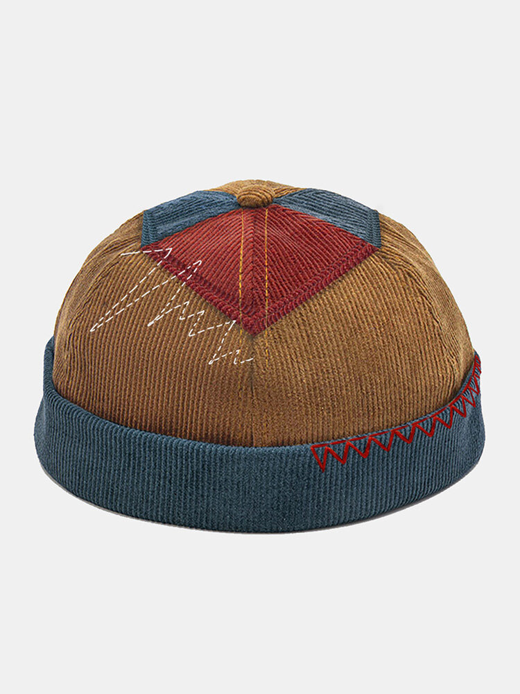 Unisex Corduroy Color Contrast Patchwork Embroidery Thread Warmth Brimless Beanie Landlord Cap Skull Cap